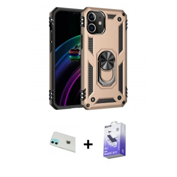 MARSİLYAN™- iPhone 12 Kılıf Ahenk Klasik Koleksiyonu - Siyah Bilvis 5in1 5D Magic Hayalet Cam Ekran Koruyucu + Rainbow Kamera Lens Koruma Cam - YL