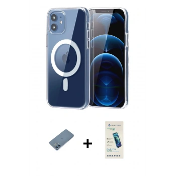 MARSİLYAN™- iPhone 12 Kılıf Ahenk Minimal Serisi - Şeffaf Pasifik Cam Ekran Koruyucu + Shine Kamera Lens Koruma Cam - MI