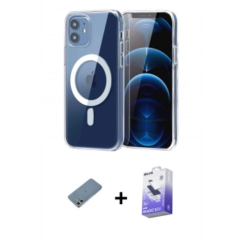 MARSİLYAN™- iPhone 12 Kılıf Ahenk Minimal Serisi - Siyah Bilvis 5in1 5D Magic Hayalet Cam Ekran Koruyucu + Shine Kamera Lens Koruma Cam - GS