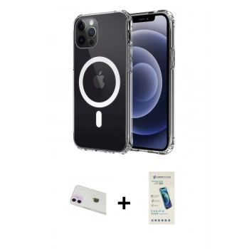 MARSİLYAN™- iPhone 12 Kılıf Ahenk Yansıma Prime - Şeffaf Pasifik Cam Ekran Koruyucu + Rainbow Kamera Lens Koruma Cam - MR