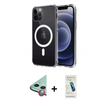 MARSİLYAN™- iPhone 12 Kılıf Ahenk Yansıma Prime - Şeffaf Pasifik Cam Ekran Koruyucu + Raze Metal Kamera Lens - KI