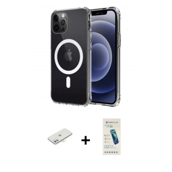 MARSİLYAN™- iPhone 12 Kılıf Ahenk Yansıma Prime - Şeffaf Pasifik Cam Ekran Koruyucu + Renkli Kamera Lens Koruma Cam - SI