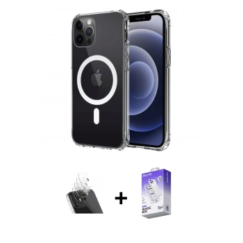 MARSİLYAN™- iPhone 12 Kılıf Ahenk Yansıma Prime - Siyah Bilvis 5in1 3D Magic Cam Ekran Koruyucu + Kamera Lens Koruma Cam - SF