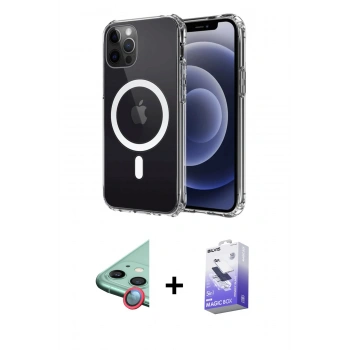 MARSİLYAN™- iPhone 12 Kılıf Ahenk Yansıma Prime - Siyah Bilvis 5in1 5D Magic Hayalet Cam Ekran Koruyucu + Raze Metal Kamera Lens - KI