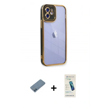 MARSİLYAN™- iPhone 12 Kılıf Çekirdek Klasik Serisi - Şeffaf Pasifik Cam Ekran Koruyucu + Shine Kamera Lens Koruma Cam - MI