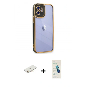 MARSİLYAN™- iPhone 12 Kılıf Çekirdek Klasik Serisi - Şeffaf Pasifik Cam Ekran Koruyucu + Renkli Kamera Lens Koruma Cam - SI