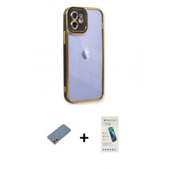 MARSİLYAN™- iPhone 12 Kılıf Çekirdek Klasik Serisi - Şeffaf Pasifik Cam Ekran Koruyucu + Shine Kamera Lens Koruma Cam - GS