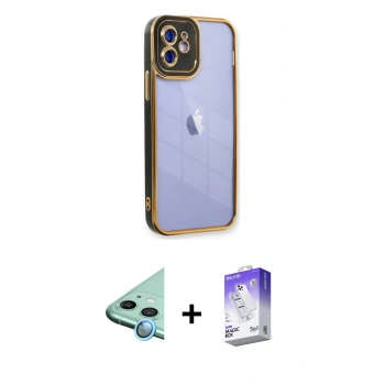 MARSİLYAN™- iPhone 12 Kılıf Çekirdek Klasik Serisi - Siyah Bilvis 5in1 3D Magic Cam Ekran Koruyucu + Raze Metal Kamera Lens - MI