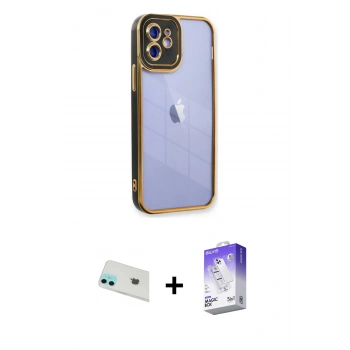 MARSİLYAN™- iPhone 12 Kılıf Çekirdek Klasik Serisi - Siyah Bilvis 5in1 3D Magic Cam Ekran Koruyucu + Rainbow Kamera Lens Koruma Cam - YL