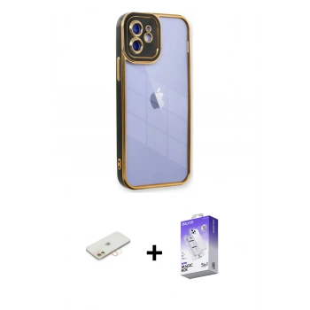 MARSİLYAN™- iPhone 12 Kılıf Çekirdek Klasik Serisi - Siyah Bilvis 5in1 3D Magic Cam Ekran Koruyucu + Renkli Kamera Lens Koruma Cam - SI