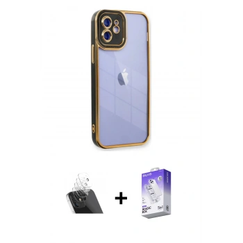 MARSİLYAN™- iPhone 12 Kılıf Çekirdek Klasik Serisi - Siyah Bilvis 5in1 3D Magic Cam Ekran Koruyucu + Kamera Lens Koruma Cam - SF