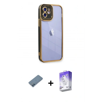 MARSİLYAN™- iPhone 12 Kılıf Çekirdek Klasik Serisi - Siyah Bilvis 5in1 3D Magic Cam Ekran Koruyucu + Shine Kamera Lens Koruma Cam - MI