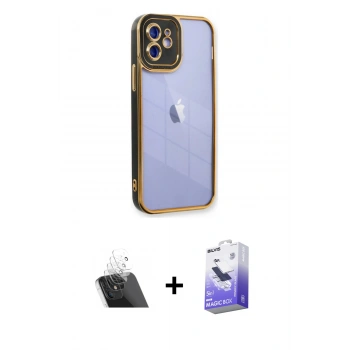 MARSİLYAN™- iPhone 12 Kılıf Çekirdek Klasik Serisi - Siyah Bilvis 5in1 5D Magic Hayalet Cam Ekran Koruyucu + Kamera Lens Koruma Cam - SF