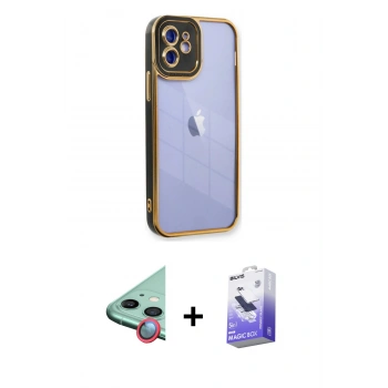 MARSİLYAN™- iPhone 12 Kılıf Çekirdek Klasik Serisi - Siyah Bilvis 5in1 5D Magic Hayalet Cam Ekran Koruyucu + Raze Metal Kamera Lens - KI