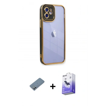 MARSİLYAN™- iPhone 12 Kılıf Çekirdek Klasik Serisi - Siyah Bilvis 5in1 5D Magic Hayalet Cam Ekran Koruyucu + Shine Kamera Lens Koruma Cam - SABE