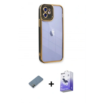 MARSİLYAN™- iPhone 12 Kılıf Çekirdek Klasik Serisi - Siyah Bilvis 5in1 5D Magic Hayalet Cam Ekran Koruyucu + Metal Kamera Lens Koruma Cam - AKYL