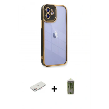 MARSİLYAN™- iPhone 12 Kılıf Çekirdek Klasik Serisi - Siyah Joko Magic 5D Hayalet Cam + Renkli Kamera Lens Koruma Cam - PE