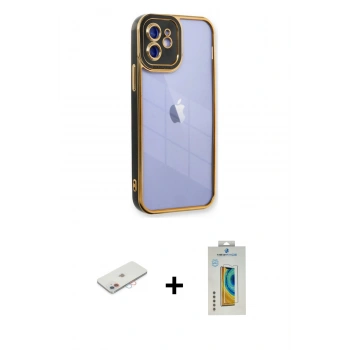 MARSİLYAN™- iPhone 12 Kılıf Çekirdek Klasik Serisi - Siyah Polymer Nano Ekran Koruyucu + Renkli Kamera Lens Koruma Cam - PE