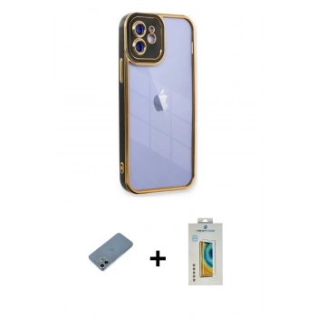 MARSİLYAN™- iPhone 12 Kılıf Çekirdek Klasik Serisi - Siyah Polymer Nano Ekran Koruyucu + Shine Kamera Lens Koruma Cam - SABE