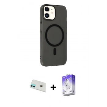 MARSİLYAN™- iPhone 12 Kılıf Çekirdek Modern Prime - Siyah Bilvis 5in1 3D Magic Cam Ekran Koruyucu + Rainbow Kamera Lens Koruma Cam - YL