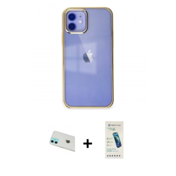 MARSİLYAN™- iPhone 12 Kılıf Doruk Doku Prime - Şeffaf Pasifik Cam Ekran Koruyucu + Rainbow Kamera Lens Koruma Cam - YL