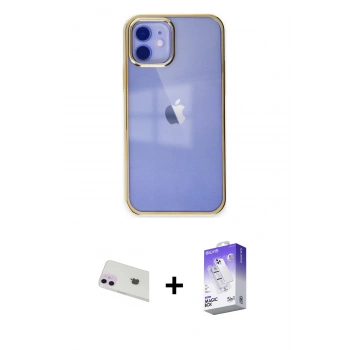 MARSİLYAN™- iPhone 12 Kılıf Doruk Doku Prime - Siyah Bilvis 5in1 3D Magic Cam Ekran Koruyucu + Rainbow Kamera Lens Koruma Cam - MR