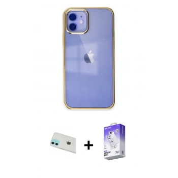 MARSİLYAN™- iPhone 12 Kılıf Doruk Doku Prime - Siyah Bilvis 5in1 3D Magic Cam Ekran Koruyucu + Rainbow Kamera Lens Koruma Cam - YL