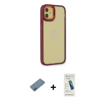 MARSİLYAN™- iPhone 12 Kılıf Eksen Doku Prime - Şeffaf Pasifik Cam Ekran Koruyucu + Shine Kamera Lens Koruma Cam - MI