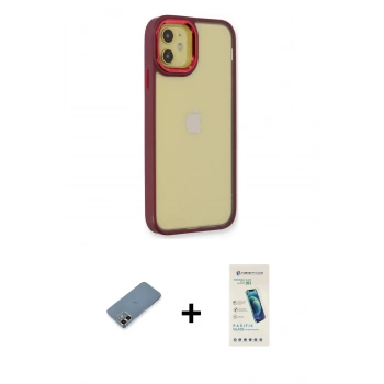 MARSİLYAN™- iPhone 12 Kılıf Eksen Doku Prime - Şeffaf Pasifik Cam Ekran Koruyucu + Metal Kamera Lens Koruma Cam - GD