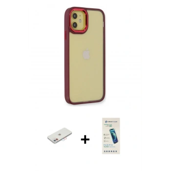 MARSİLYAN™- iPhone 12 Kılıf Eksen Doku Prime - Şeffaf Pasifik Cam Ekran Koruyucu + Renkli Kamera Lens Koruma Cam - PE