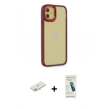 MARSİLYAN™- iPhone 12 Kılıf Eksen Doku Prime - Şeffaf Pasifik Cam Ekran Koruyucu + Renkli Kamera Lens Koruma Cam - SI