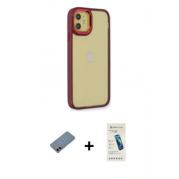 MARSİLYAN™- iPhone 12 Kılıf Eksen Doku Prime - Şeffaf Pasifik Cam Ekran Koruyucu + Shine Kamera Lens Koruma Cam - GD