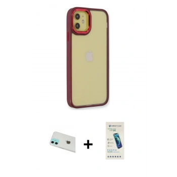 MARSİLYAN™- iPhone 12 Kılıf Eksen Doku Prime - Şeffaf Pasifik Cam Ekran Koruyucu + Rainbow Kamera Lens Koruma Cam - YL