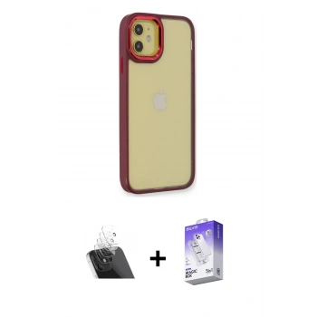 MARSİLYAN™- iPhone 12 Kılıf Eksen Doku Prime - Siyah Bilvis 5in1 3D Magic Cam Ekran Koruyucu + Kamera Lens Koruma Cam - SF