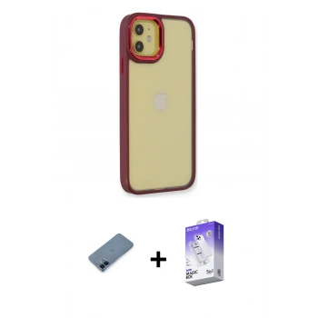 MARSİLYAN™- iPhone 12 Kılıf Eksen Doku Prime - Siyah Bilvis 5in1 3D Magic Cam Ekran Koruyucu + Metal Kamera Lens Koruma Cam - MI
