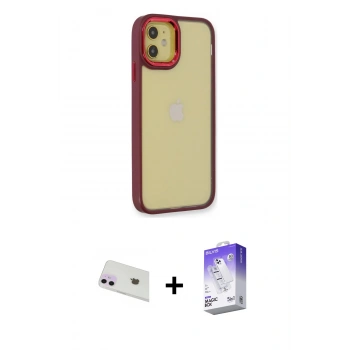 MARSİLYAN™- iPhone 12 Kılıf Eksen Doku Prime - Siyah Bilvis 5in1 3D Magic Cam Ekran Koruyucu + Rainbow Kamera Lens Koruma Cam - MR