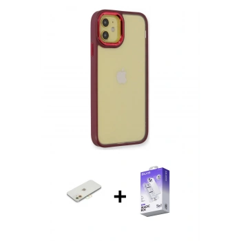 MARSİLYAN™- iPhone 12 Kılıf Eksen Doku Prime - Siyah Bilvis 5in1 3D Magic Cam Ekran Koruyucu + Renkli Kamera Lens Koruma Cam - TU