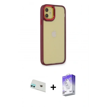 MARSİLYAN™- iPhone 12 Kılıf Eksen Doku Prime - Siyah Bilvis 5in1 3D Magic Cam Ekran Koruyucu + Rainbow Kamera Lens Koruma Cam - YL