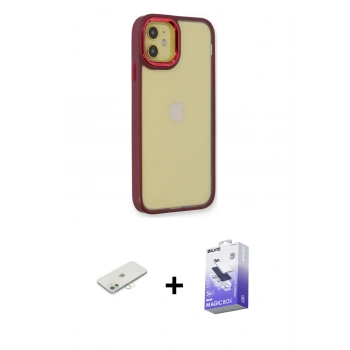 MARSİLYAN™- iPhone 12 Kılıf Eksen Doku Prime - Siyah Bilvis 5in1 5D Magic Hayalet Cam Ekran Koruyucu + Renkli Kamera Lens Koruma Cam - SI