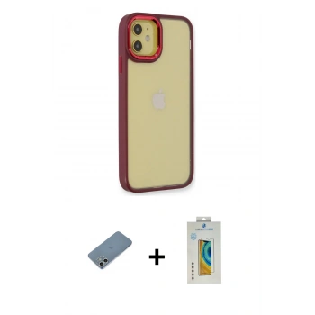 MARSİLYAN™- iPhone 12 Kılıf Eksen Doku Prime - Siyah Polymer Nano Ekran Koruyucu + Shine Kamera Lens Koruma Cam - GS
