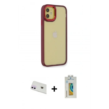 MARSİLYAN™- iPhone 12 Kılıf Eksen Doku Prime - Siyah Polymer Nano Ekran Koruyucu + Rainbow Kamera Lens Koruma Cam - MR