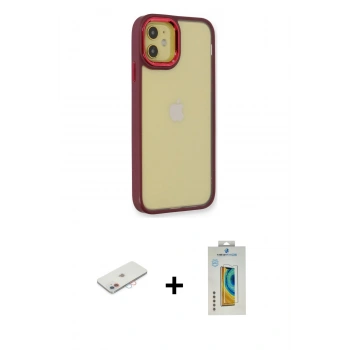 MARSİLYAN™- iPhone 12 Kılıf Eksen Doku Prime - Siyah Polymer Nano Ekran Koruyucu + Renkli Kamera Lens Koruma Cam - PE