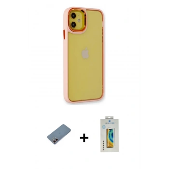 MARSİLYAN™- iPhone 12 Kılıf Eksen Doku Prime - Siyah Polymer Nano Ekran Koruyucu + Shine Kamera Lens Koruma Cam - PE