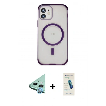 MARSİLYAN™- iPhone 12 Kılıf Eksen Klasik Koleksiyonu - Şeffaf Pasifik Cam Ekran Koruyucu + Raze Metal Kamera Lens - MI