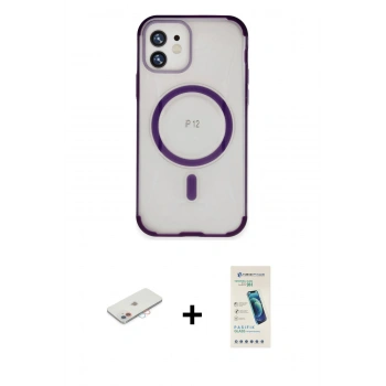 MARSİLYAN™- iPhone 12 Kılıf Eksen Klasik Koleksiyonu - Şeffaf Pasifik Cam Ekran Koruyucu + Renkli Kamera Lens Koruma Cam - PE