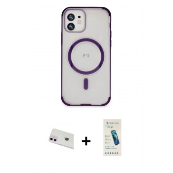 MARSİLYAN™- iPhone 12 Kılıf Eksen Klasik Koleksiyonu - Şeffaf Pasifik Cam Ekran Koruyucu + Rainbow Kamera Lens Koruma Cam - MR