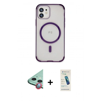 MARSİLYAN™- iPhone 12 Kılıf Eksen Klasik Koleksiyonu - Şeffaf Pasifik Cam Ekran Koruyucu + Raze Metal Kamera Lens - KI