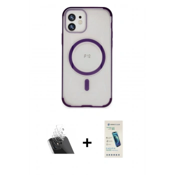MARSİLYAN™- iPhone 12 Kılıf Eksen Klasik Koleksiyonu - Şeffaf Pasifik Cam Ekran Koruyucu + Kamera Lens Koruma Cam - SF