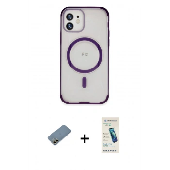 MARSİLYAN™- iPhone 12 Kılıf Eksen Klasik Koleksiyonu - Şeffaf Pasifik Cam Ekran Koruyucu + Shine Kamera Lens Koruma Cam - GD