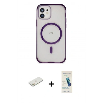 MARSİLYAN™- iPhone 12 Kılıf Eksen Klasik Koleksiyonu - Şeffaf Pasifik Cam Ekran Koruyucu + Renkli Kamera Lens Koruma Cam - TU